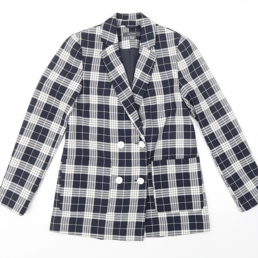 Primark Womens Blue Plaid Jacket Blazer Size 8